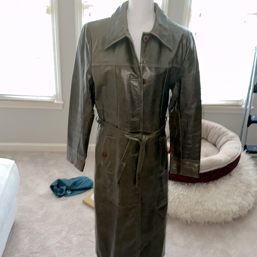 Wilson’s The Leather Experts Genuine Olive Green Leather Trench Coat